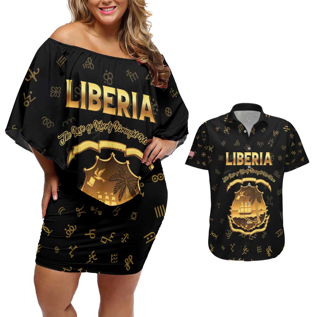 Personalized Liberia Vai Syllabary Heritage Couples Matching Off Shoulder Short Dress and Hawaiian Shirt National Emblem Golden Style - Wonder Print Shop
