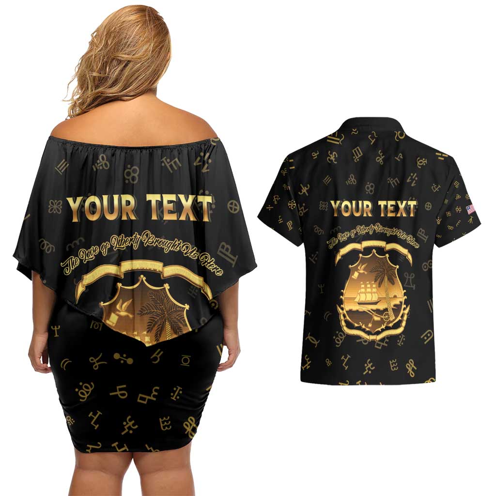 Personalized Liberia Vai Syllabary Heritage Couples Matching Off Shoulder Short Dress and Hawaiian Shirt National Emblem Golden Style - Wonder Print Shop