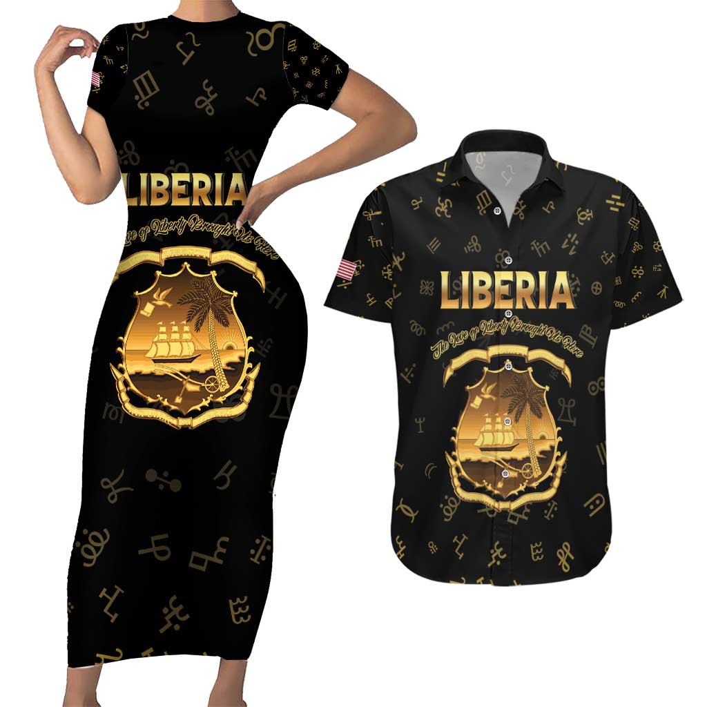 Personalized Liberia Vai Syllabary Heritage Couples Matching Short Sleeve Bodycon Dress and Hawaiian Shirt National Emblem Golden Style - Wonder Print Shop