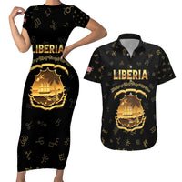 Personalized Liberia Vai Syllabary Heritage Couples Matching Short Sleeve Bodycon Dress and Hawaiian Shirt National Emblem Golden Style - Wonder Print Shop