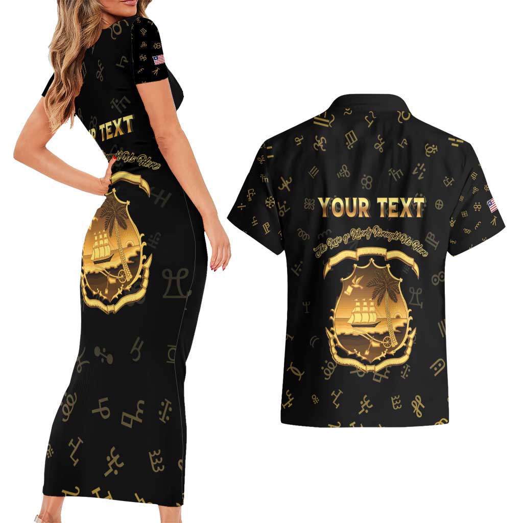 Personalized Liberia Vai Syllabary Heritage Couples Matching Short Sleeve Bodycon Dress and Hawaiian Shirt National Emblem Golden Style - Wonder Print Shop