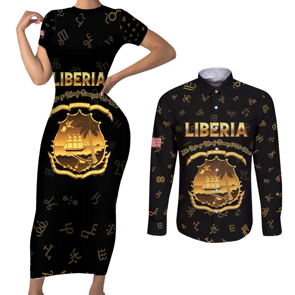Personalized Liberia Vai Syllabary Heritage Couples Matching Short Sleeve Bodycon Dress and Long Sleeve Button Shirt National Emblem Golden Style - Wonder Print Shop