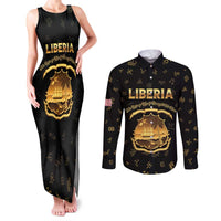 Personalized Liberia Vai Syllabary Heritage Couples Matching Tank Maxi Dress and Long Sleeve Button Shirt National Emblem Golden Style - Wonder Print Shop