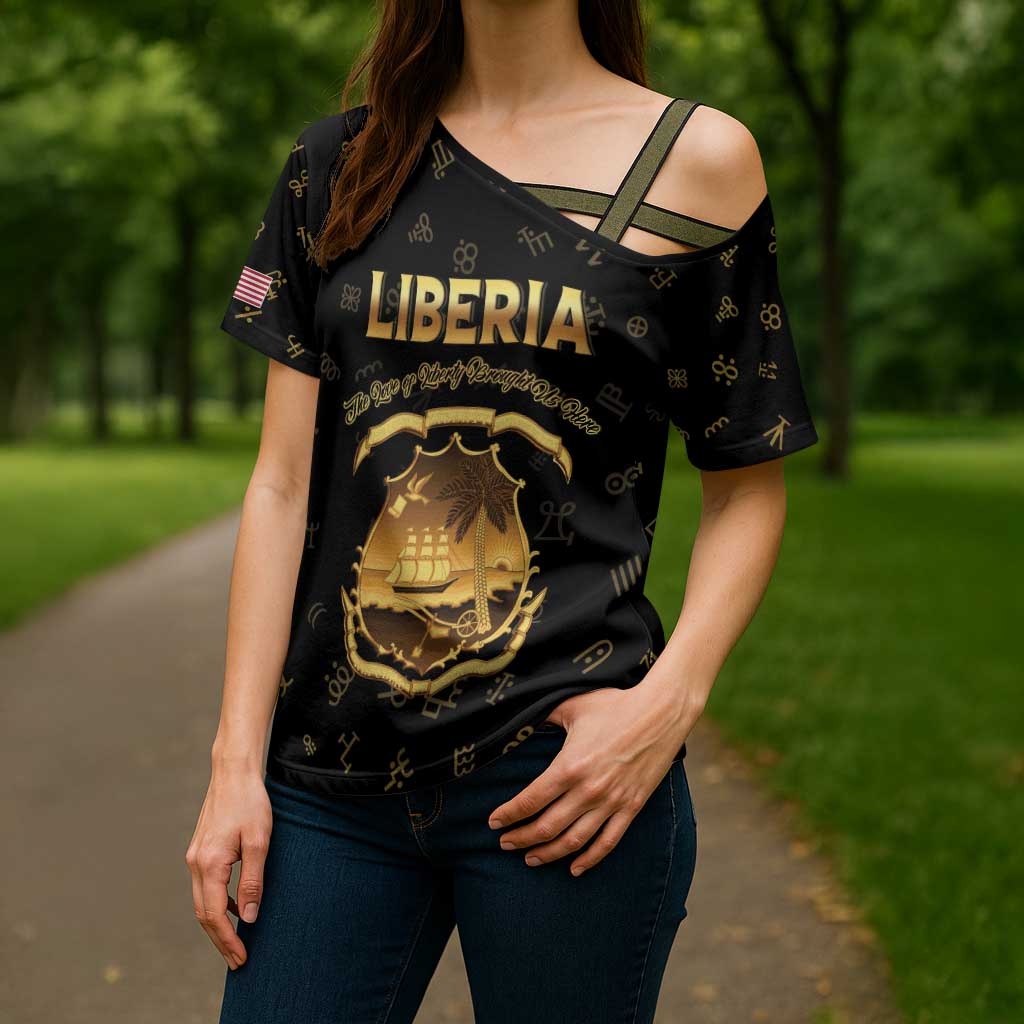 Personalized Liberia Vai Syllabary Heritage Cross Shoulder Shirt National Emblem Golden Style - Wonder Print Shop