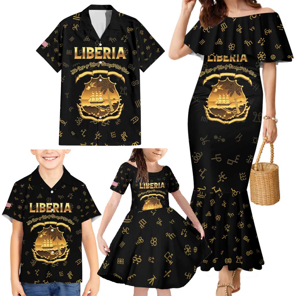 Personalized Liberia Vai Syllabary Heritage Family Matching Mermaid Dress and Hawaiian Shirt National Emblem Golden Style - Wonder Print Shop