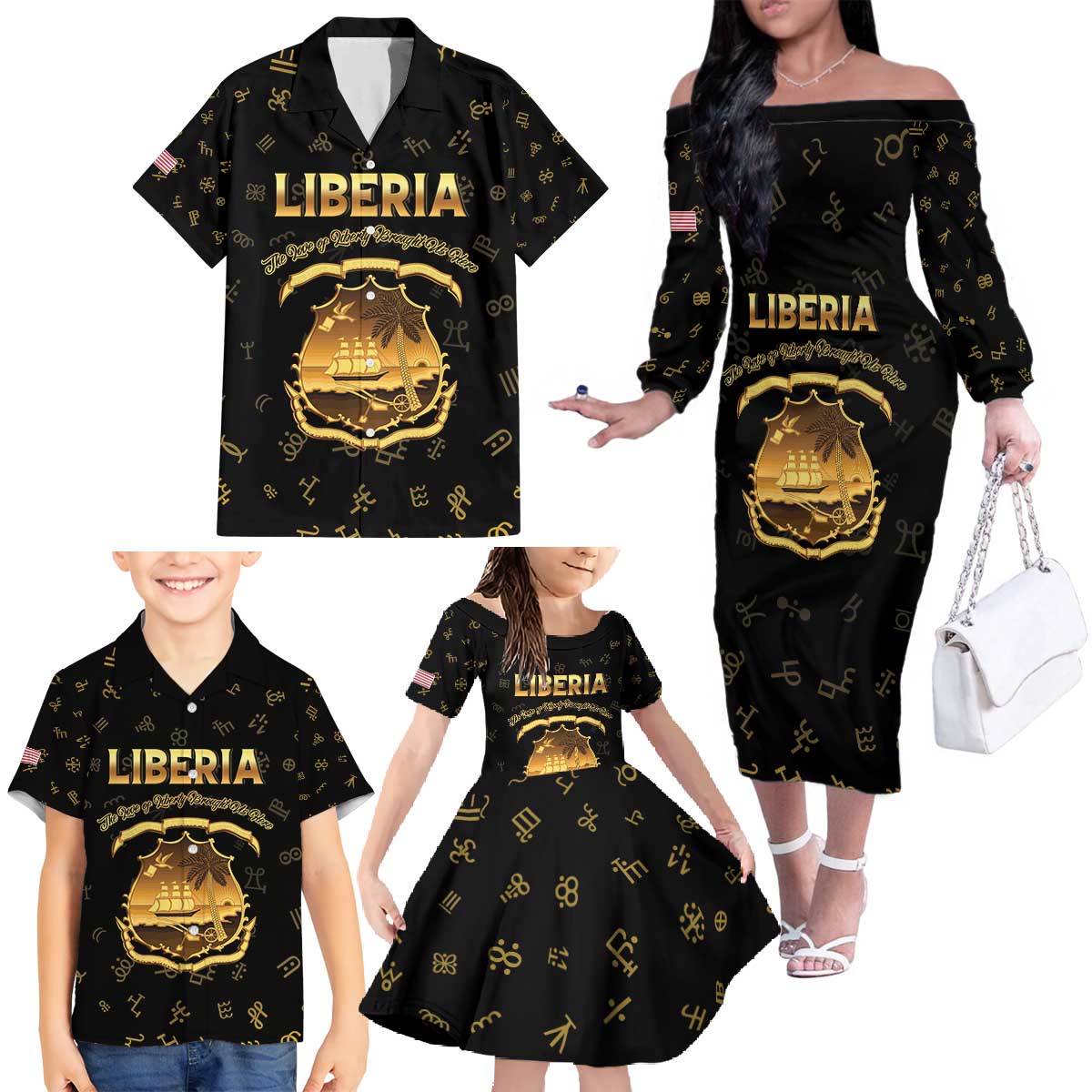 Personalized Liberia Vai Syllabary Heritage Family Matching Off The Shoulder Long Sleeve Dress and Hawaiian Shirt National Emblem Golden Style - undefined
