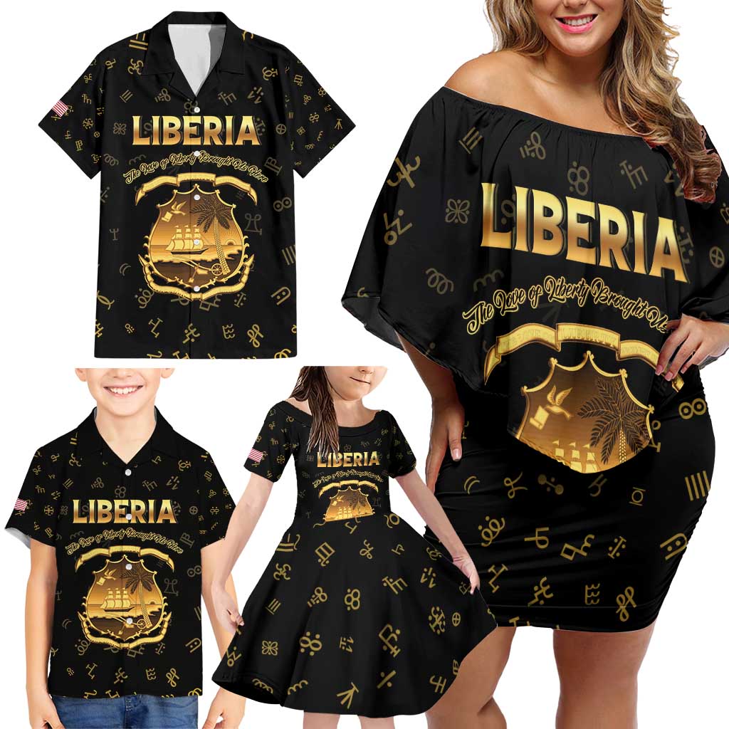 Personalized Liberia Vai Syllabary Heritage Family Matching Off Shoulder Short Dress and Hawaiian Shirt National Emblem Golden Style - Wonder Print Shop