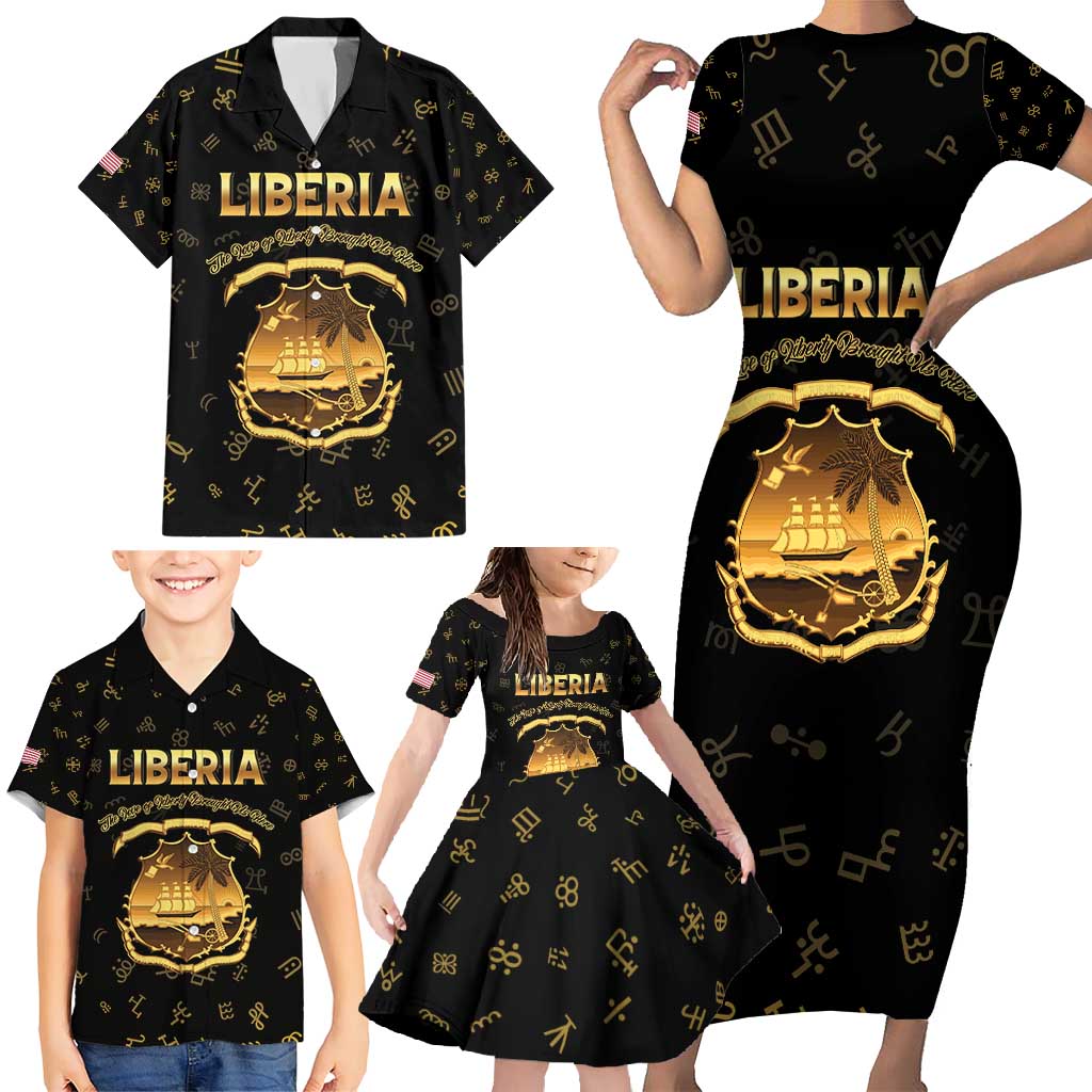 Personalized Liberia Vai Syllabary Heritage Family Matching Short Sleeve Bodycon Dress and Hawaiian Shirt National Emblem Golden Style - Wonder Print Shop