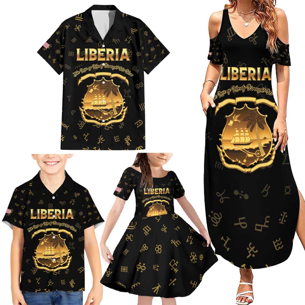 Personalized Liberia Vai Syllabary Heritage Family Matching Summer Maxi Dress and Hawaiian Shirt National Emblem Golden Style - Wonder Print Shop