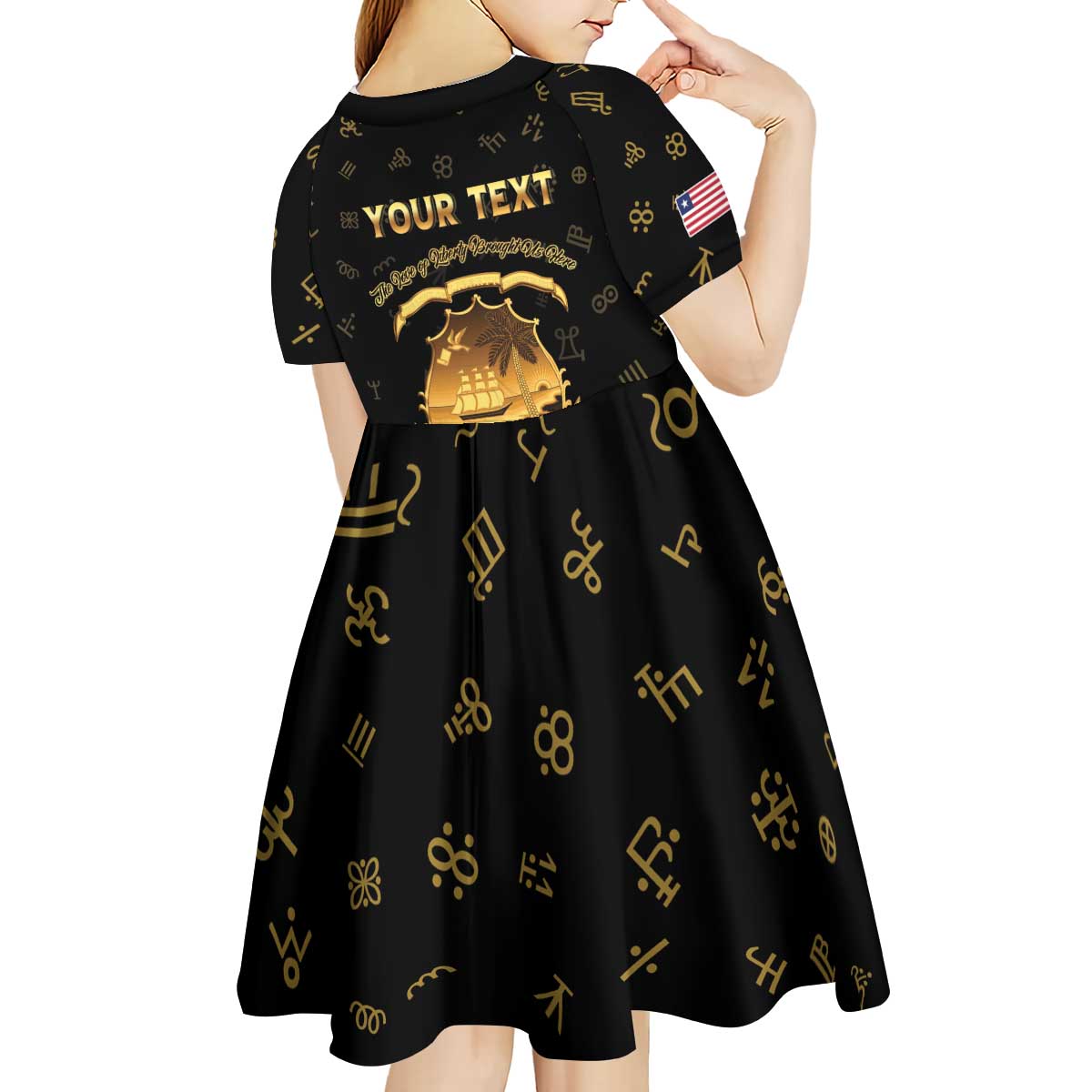 Personalized Liberia Vai Syllabary Heritage Kid Short Sleeve Dress National Emblem Golden Style - Wonder Print Shop