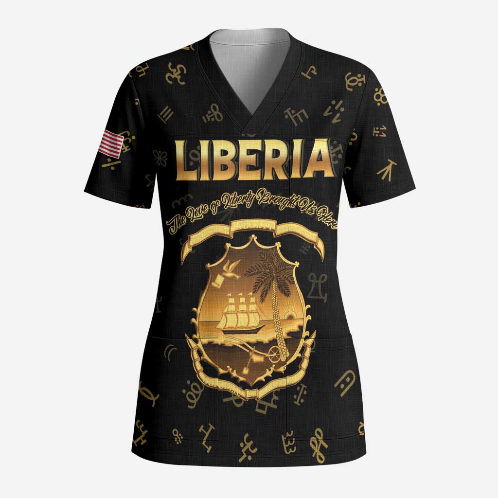 Personalized Liberia Vai Syllabary Heritage Scrub Top National Emblem Golden Style - Wonder Print Shop