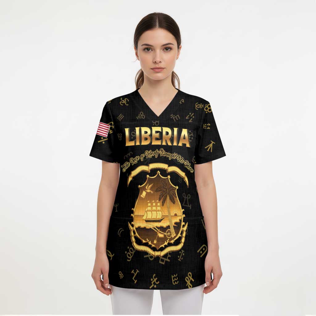 Personalized Liberia Vai Syllabary Heritage Scrub Top National Emblem Golden Style - Wonder Print Shop