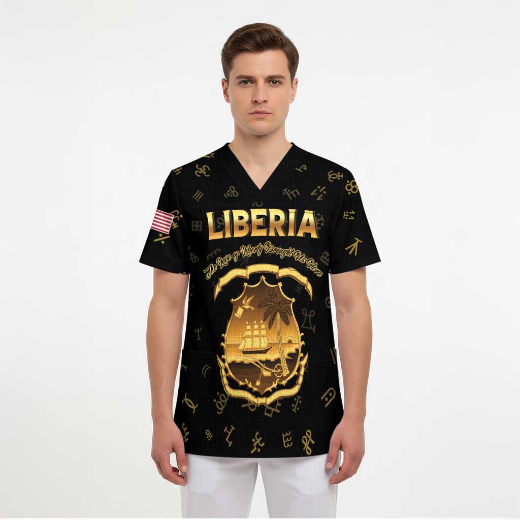 Personalized Liberia Vai Syllabary Heritage Scrub Top National Emblem Golden Style - Wonder Print Shop