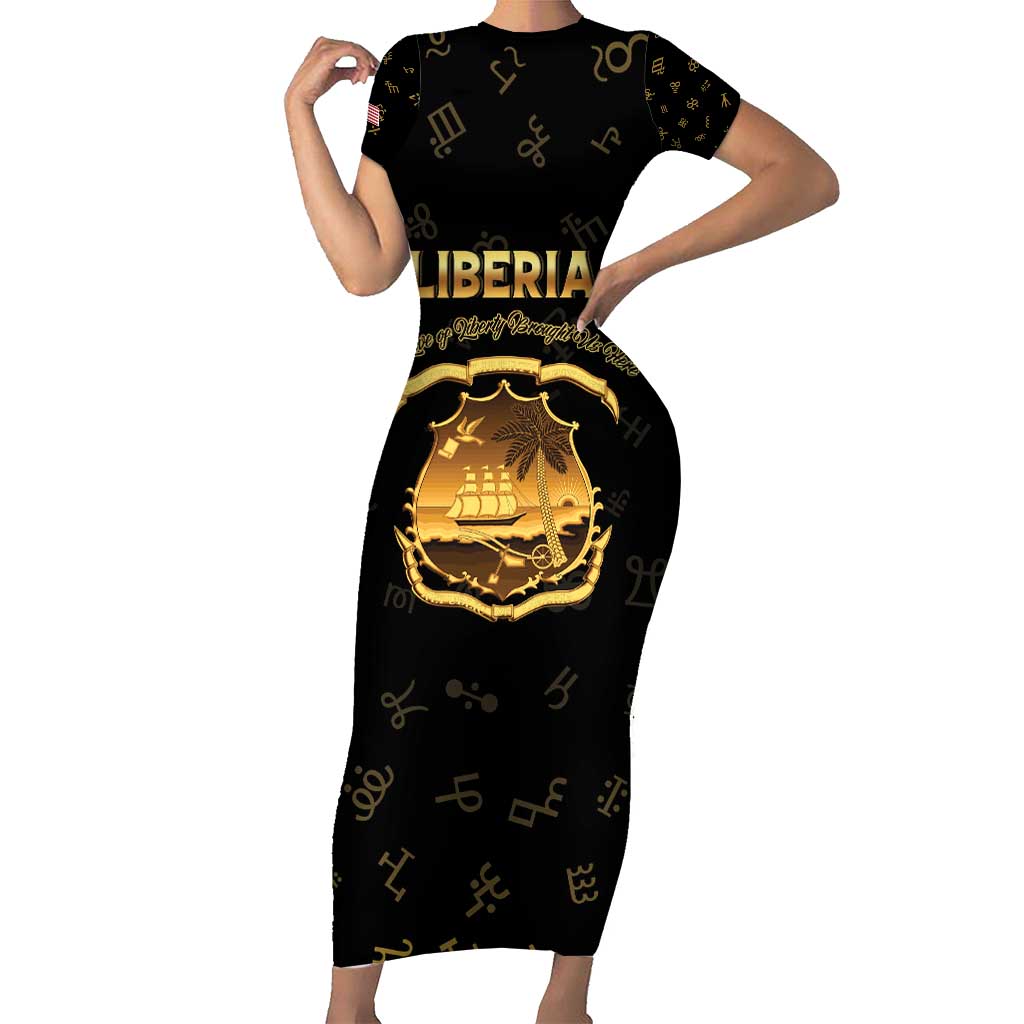 Personalized Liberia Vai Syllabary Heritage Short Sleeve Bodycon Dress National Emblem Golden Style - Wonder Print Shop