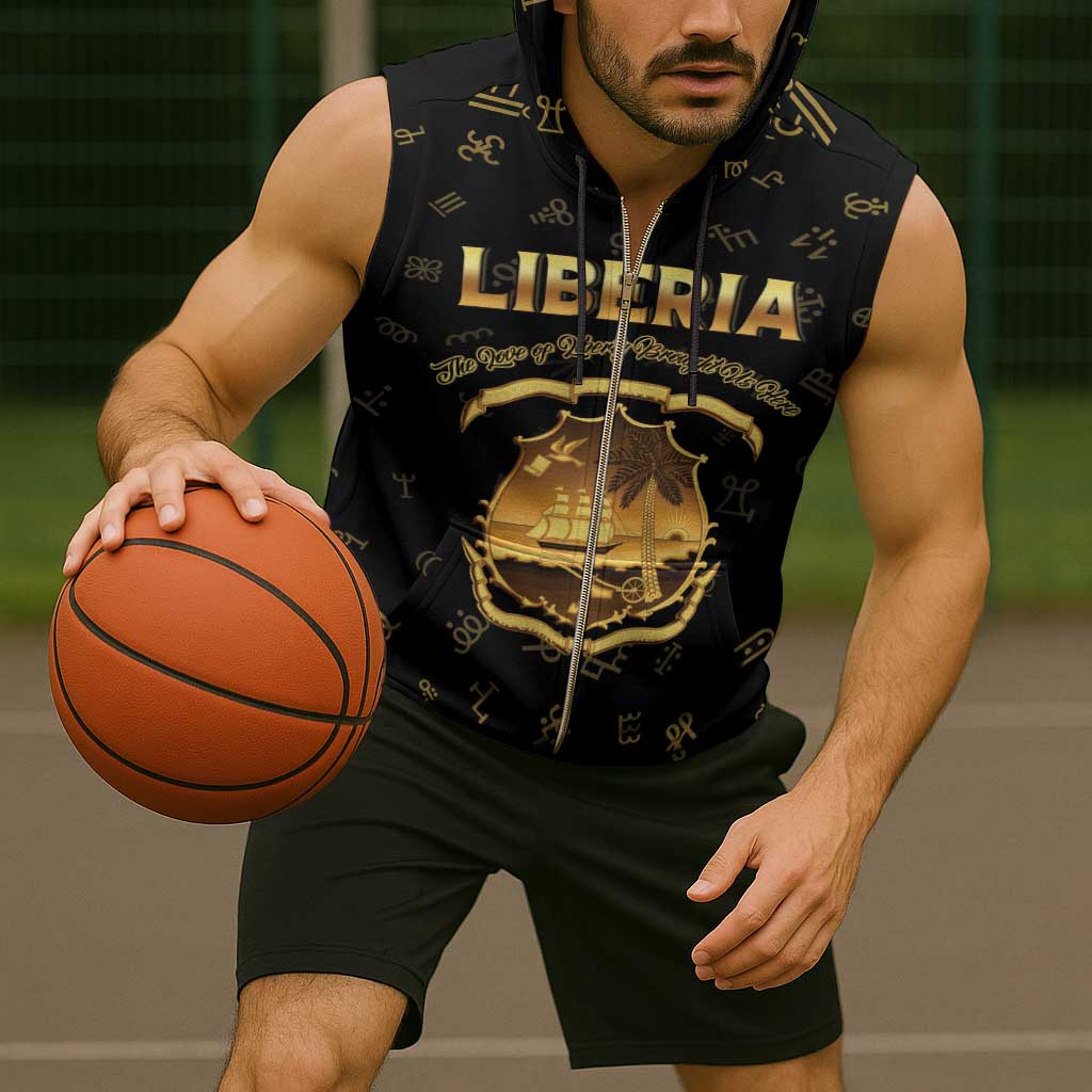 Personalized Liberia Vai Syllabary Heritage Sleeveless Zip Hoodie National Emblem Golden Style - Wonder Print Shop