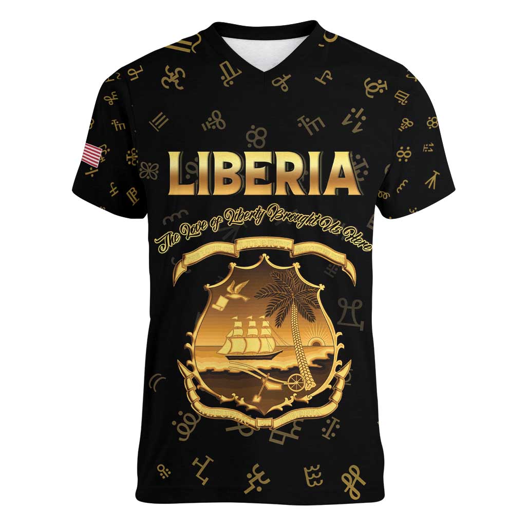 Personalized Liberia Vai Syllabary Heritage Women V-Neck T-Shirt National Emblem Golden Style - Wonder Print Shop