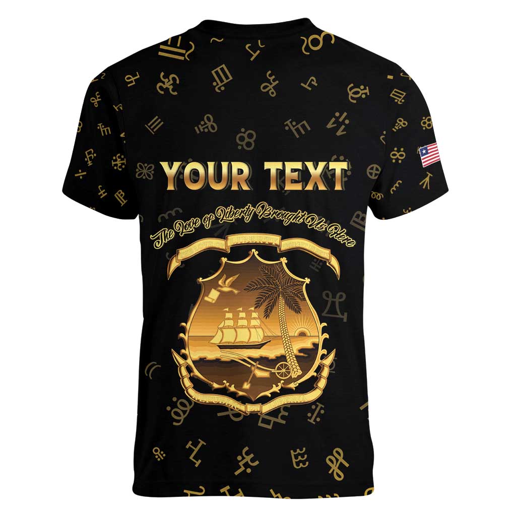 Personalized Liberia Vai Syllabary Heritage Women V-Neck T-Shirt National Emblem Golden Style - Wonder Print Shop