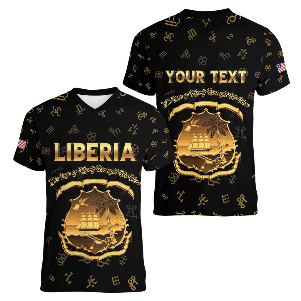 Personalized Liberia Vai Syllabary Heritage Women V-Neck T-Shirt National Emblem Golden Style - Wonder Print Shop