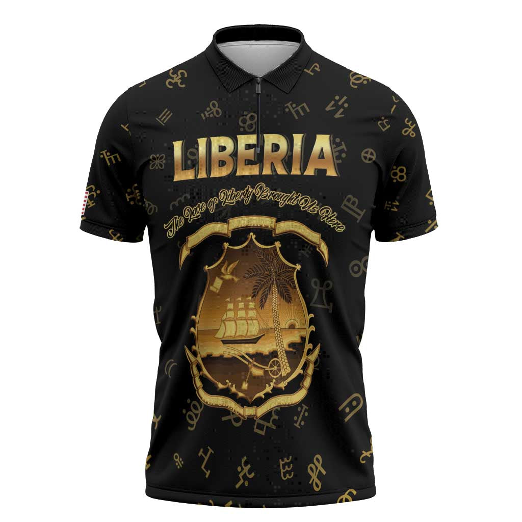 Personalized Liberia Vai Syllabary Heritage Zipper Polo Shirt National Emblem Golden Style - Wonder Print Shop