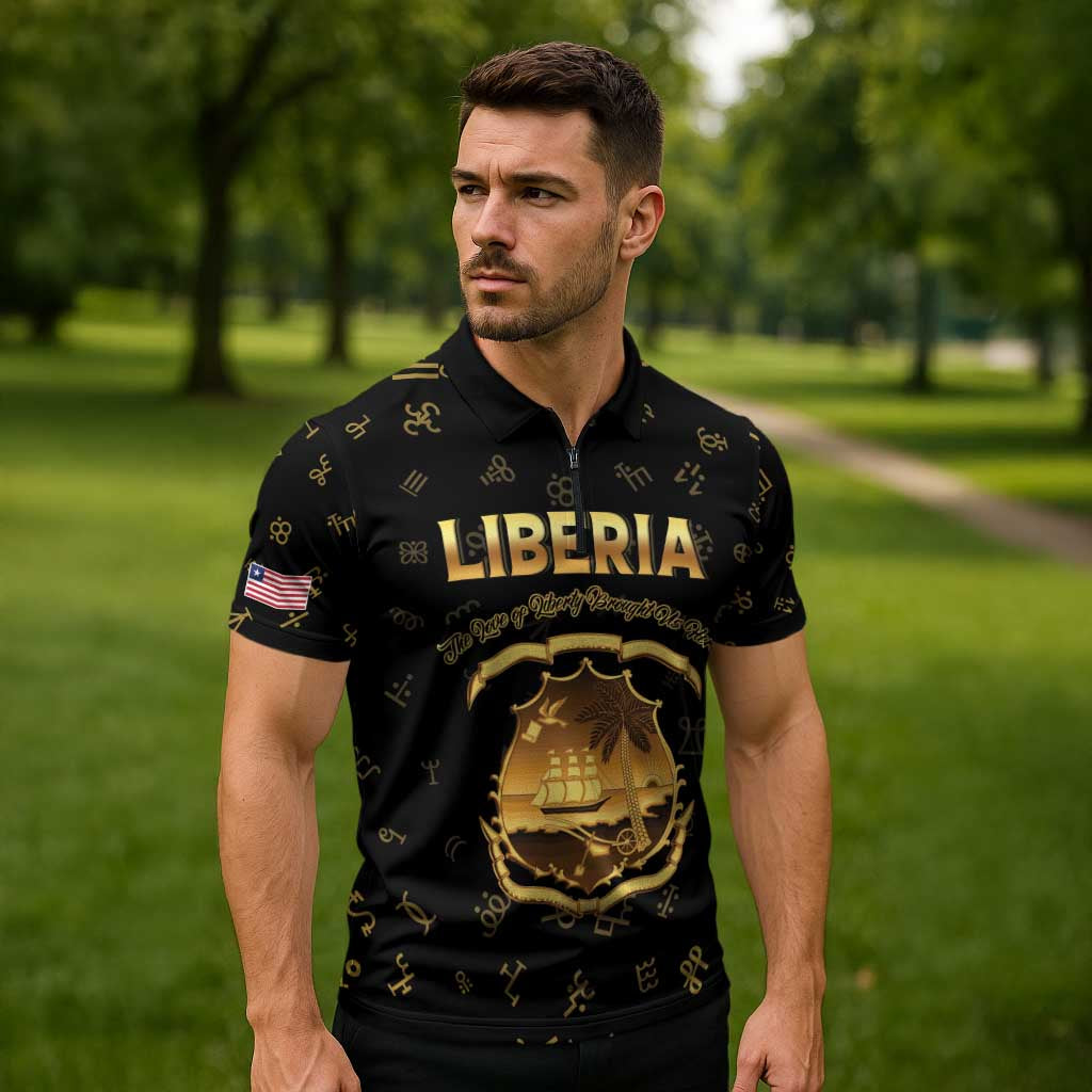Personalized Liberia Vai Syllabary Heritage Zipper Polo Shirt National Emblem Golden Style - Wonder Print Shop
