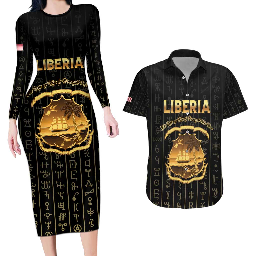 Personalized Liberia Vai Syllabary Vertical Pattern Couples Matching Long Sleeve Bodycon Dress and Hawaiian Shirt - Wonder Print Shop