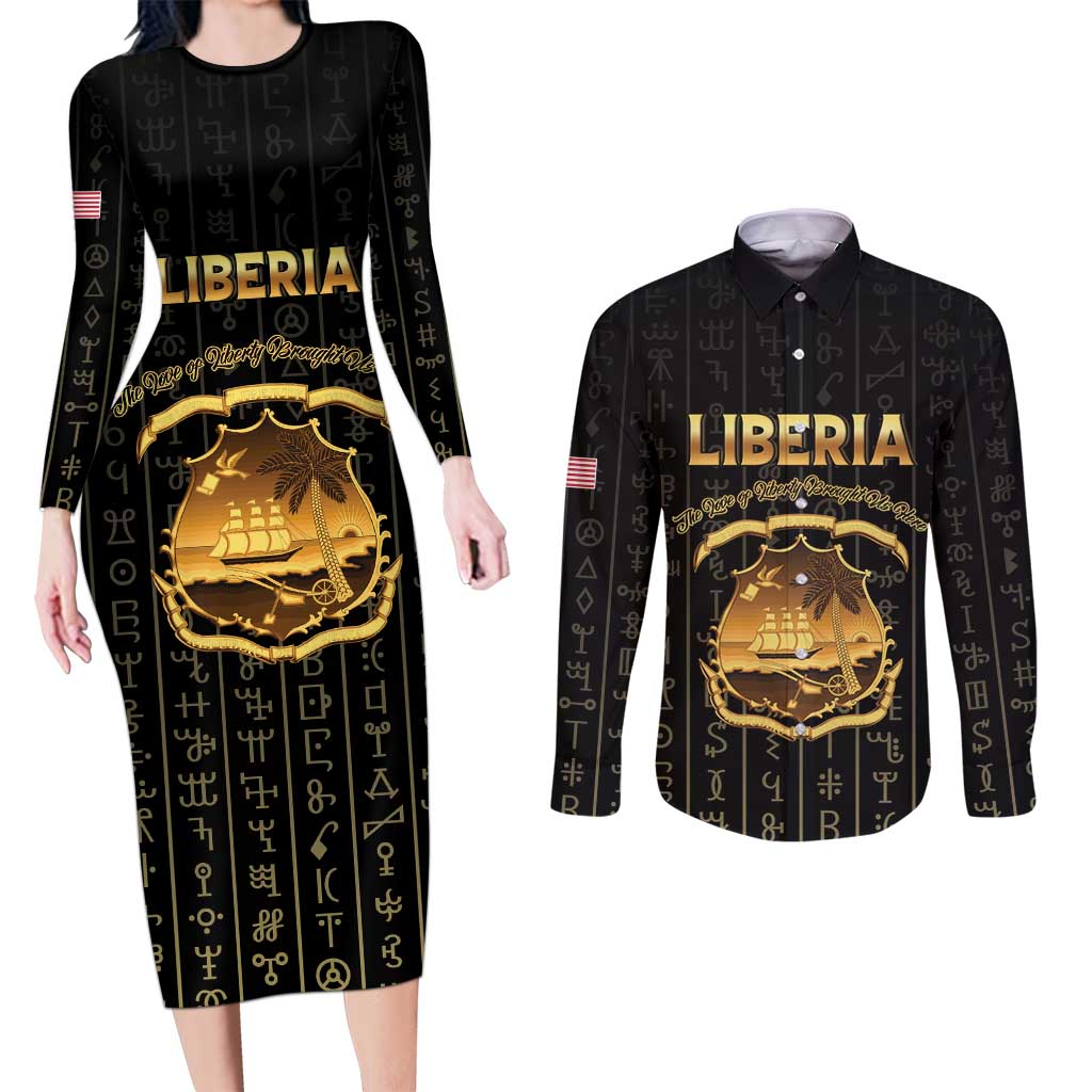 Personalized Liberia Vai Syllabary Vertical Pattern Couples Matching Long Sleeve Bodycon Dress and Long Sleeve Button Shirt - Wonder Print Shop