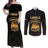 Personalized Liberia Vai Syllabary Vertical Pattern Couples Matching Off Shoulder Maxi Dress and Long Sleeve Button Shirt - Wonder Print Shop