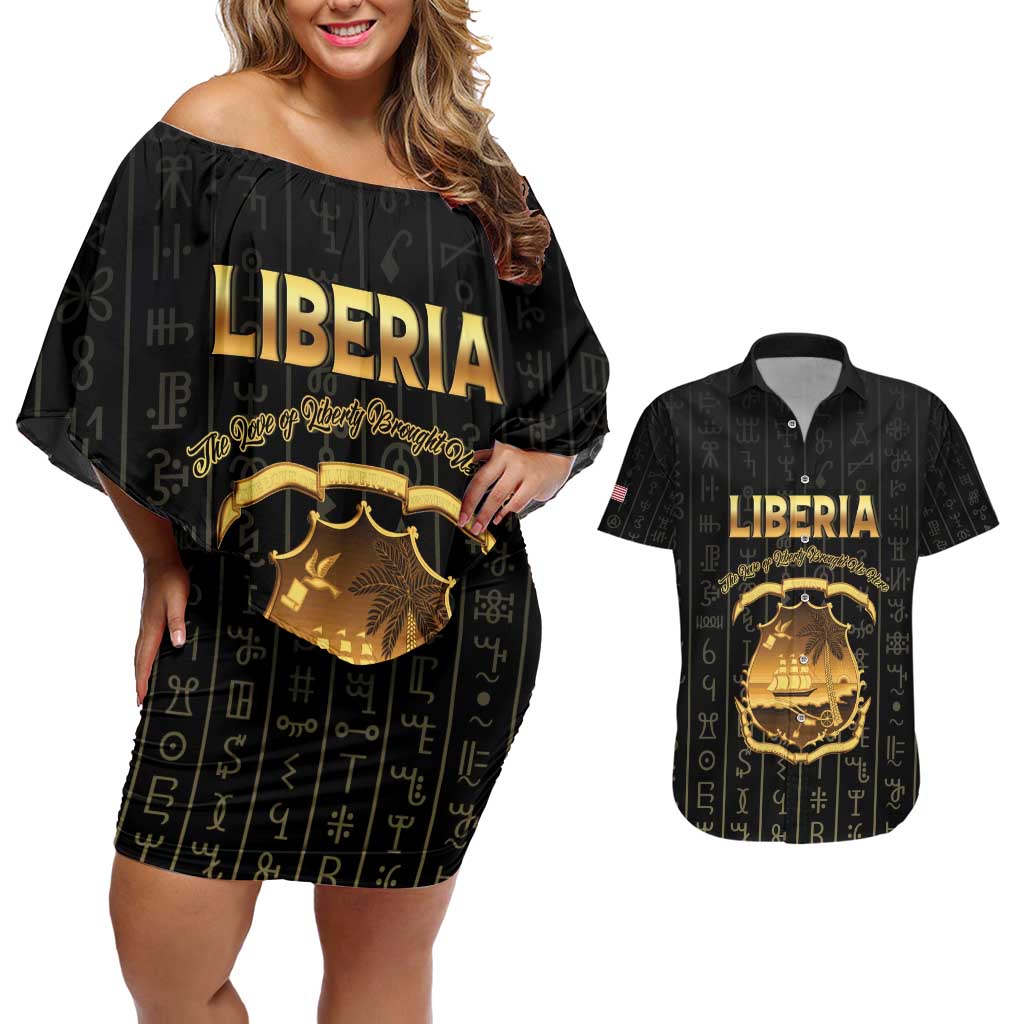 Personalized Liberia Vai Syllabary Vertical Pattern Couples Matching Off Shoulder Short Dress and Hawaiian Shirt - Wonder Print Shop
