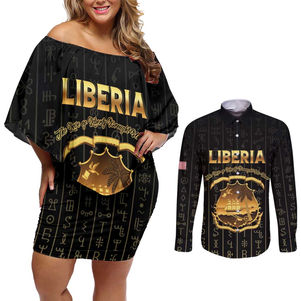 Personalized Liberia Vai Syllabary Vertical Pattern Couples Matching Off Shoulder Short Dress and Long Sleeve Button Shirt - Wonder Print Shop
