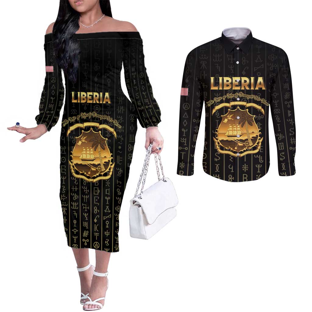 Personalized Liberia Vai Syllabary Vertical Pattern Couples Matching Off The Shoulder Long Sleeve Dress and Long Sleeve Button Shirt - Wonder Print Shop