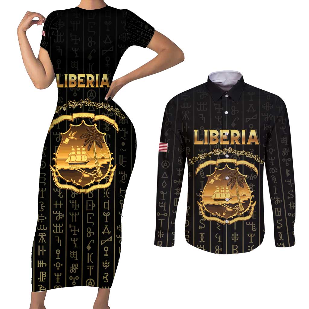 Personalized Liberia Vai Syllabary Vertical Pattern Couples Matching Short Sleeve Bodycon Dress and Long Sleeve Button Shirt - Wonder Print Shop