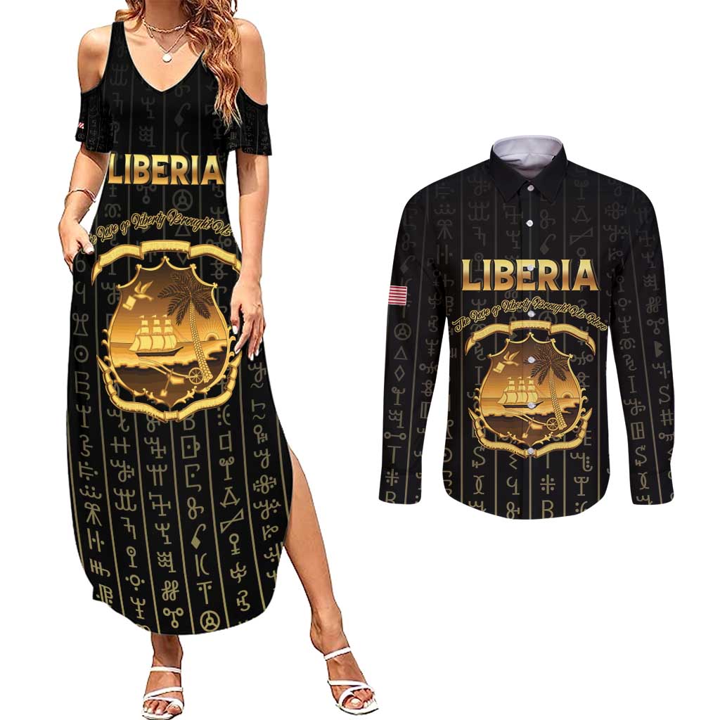 Personalized Liberia Vai Syllabary Vertical Pattern Couples Matching Summer Maxi Dress and Long Sleeve Button Shirt - Wonder Print Shop