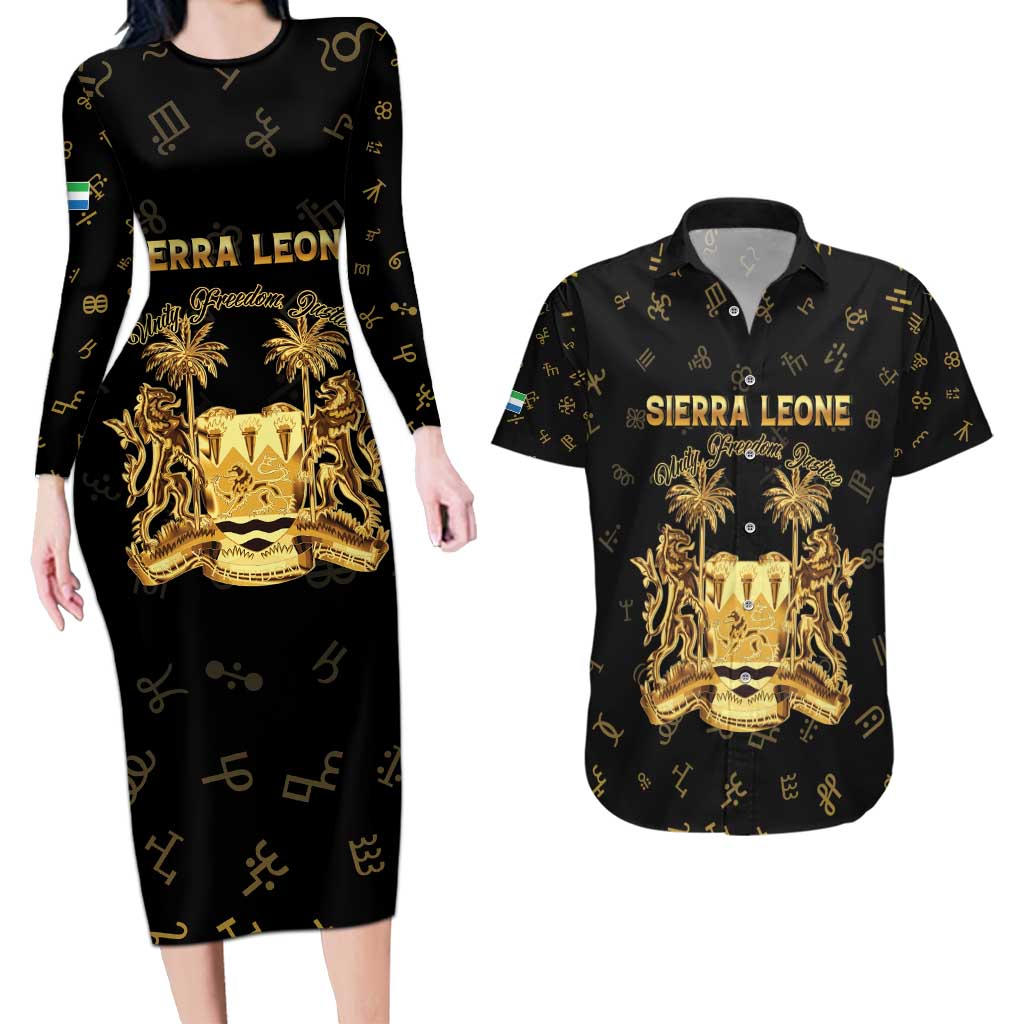 Personalized Sierra Leone Vai Syllabary Heritage Couples Matching Long Sleeve Bodycon Dress and Hawaiian Shirt National Emblem Golden Style - Wonder Print Shop