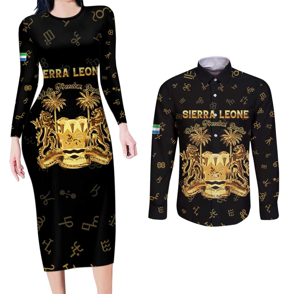 Personalized Sierra Leone Vai Syllabary Heritage Couples Matching Long Sleeve Bodycon Dress and Long Sleeve Button Shirt National Emblem Golden Style - Wonder Print Shop