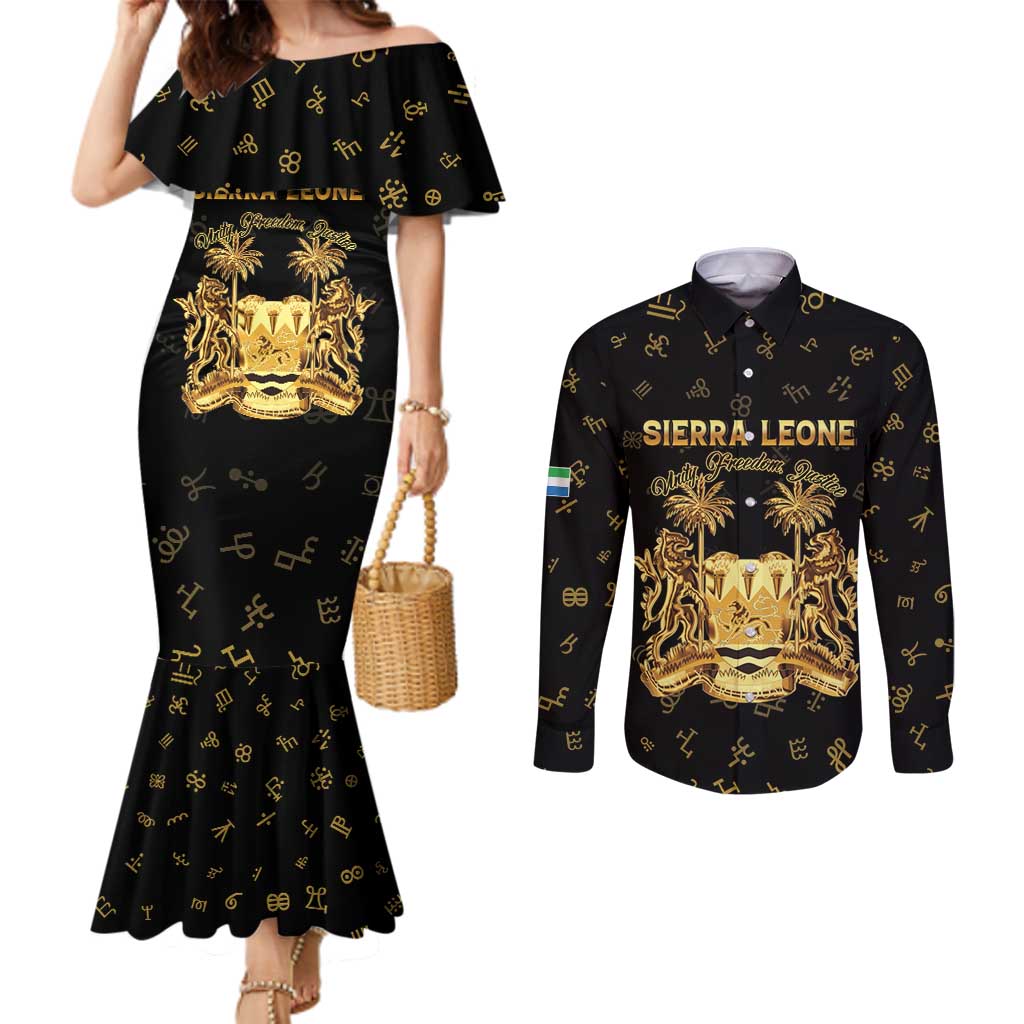 Personalized Sierra Leone Vai Syllabary Heritage Couples Matching Mermaid Dress and Long Sleeve Button Shirt National Emblem Golden Style - Wonder Print Shop