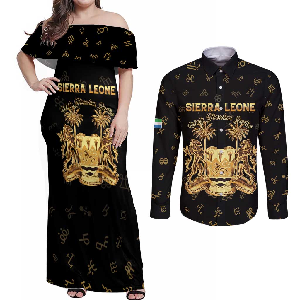 Personalized Sierra Leone Vai Syllabary Heritage Couples Matching Off Shoulder Maxi Dress and Long Sleeve Button Shirt National Emblem Golden Style - Wonder Print Shop