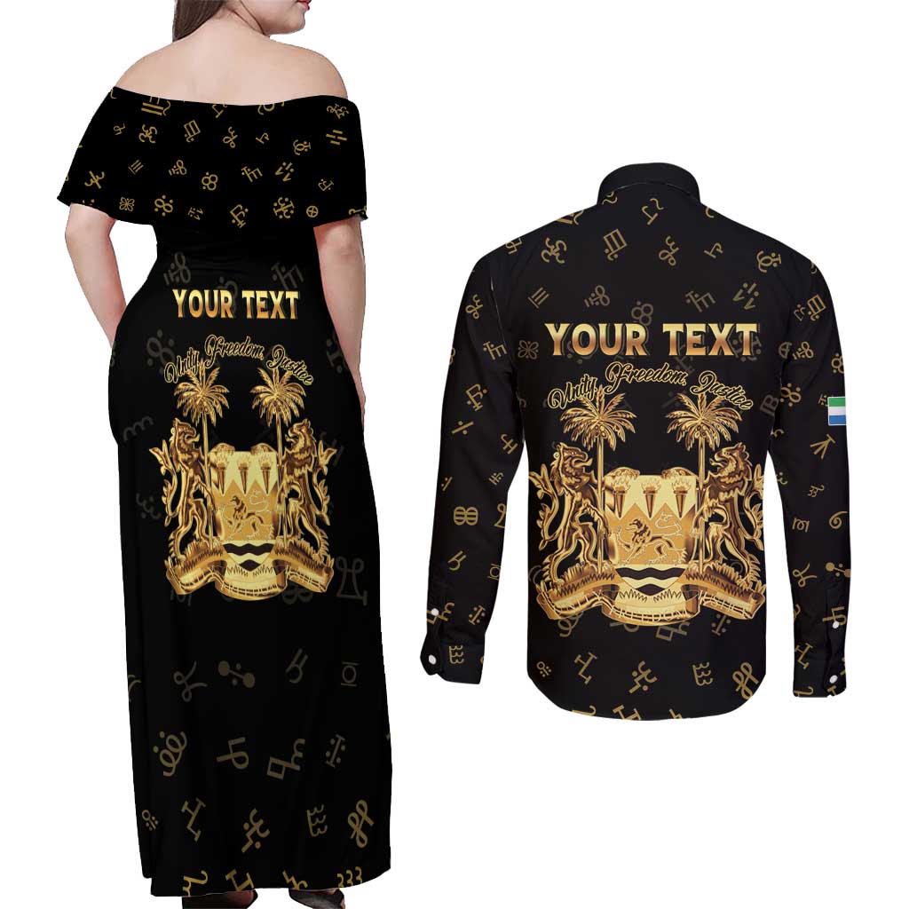 Personalized Sierra Leone Vai Syllabary Heritage Couples Matching Off Shoulder Maxi Dress and Long Sleeve Button Shirt National Emblem Golden Style - Wonder Print Shop