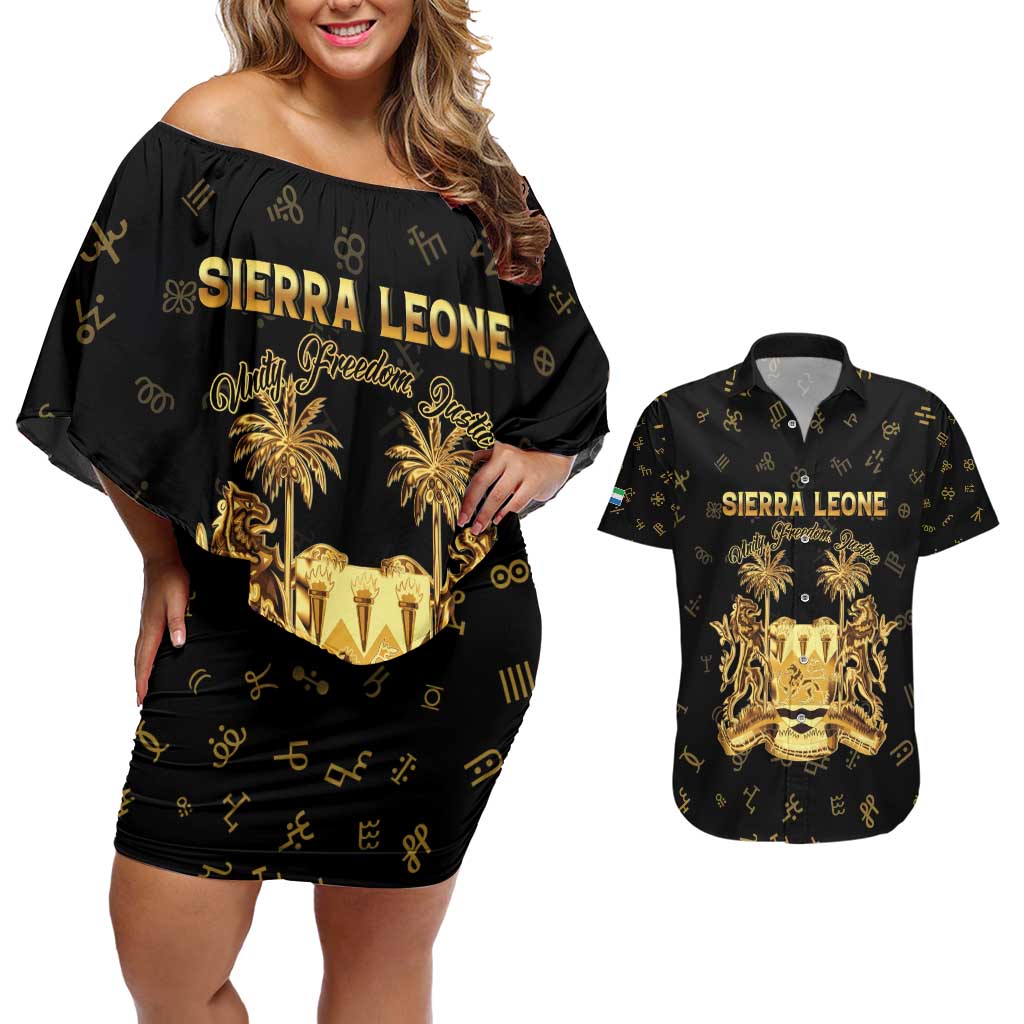 Personalized Sierra Leone Vai Syllabary Heritage Couples Matching Off Shoulder Short Dress and Hawaiian Shirt National Emblem Golden Style - Wonder Print Shop