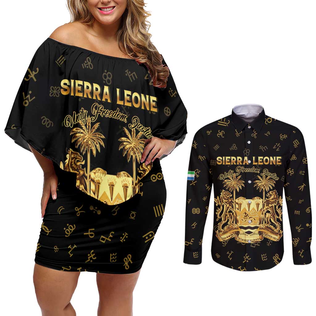 Personalized Sierra Leone Vai Syllabary Heritage Couples Matching Off Shoulder Short Dress and Long Sleeve Button Shirt National Emblem Golden Style - Wonder Print Shop
