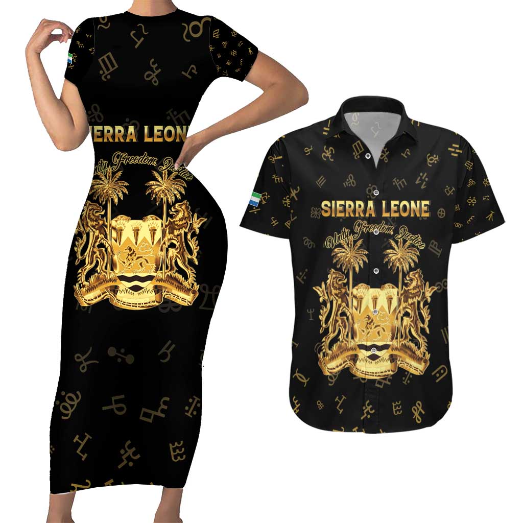 Personalized Sierra Leone Vai Syllabary Heritage Couples Matching Short Sleeve Bodycon Dress and Hawaiian Shirt National Emblem Golden Style - Wonder Print Shop