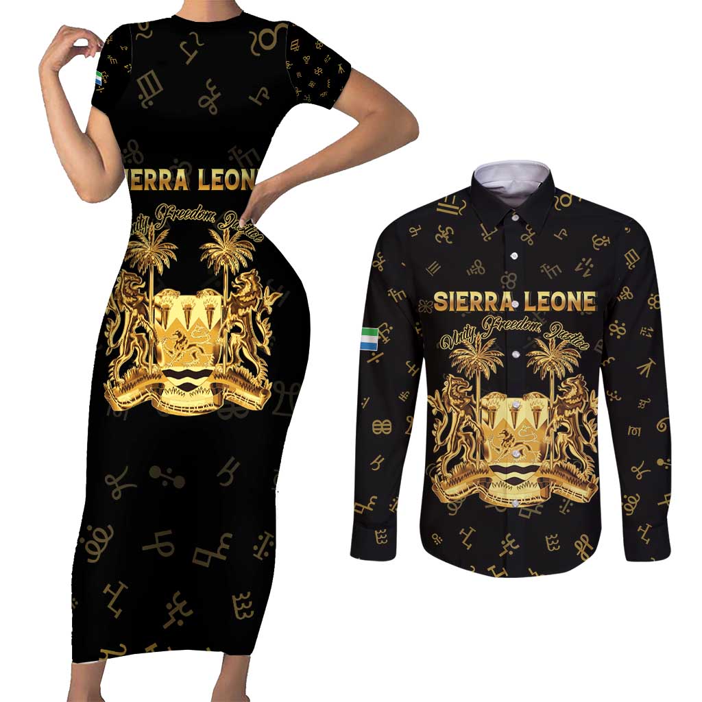 Personalized Sierra Leone Vai Syllabary Heritage Couples Matching Short Sleeve Bodycon Dress and Long Sleeve Button Shirt National Emblem Golden Style - Wonder Print Shop