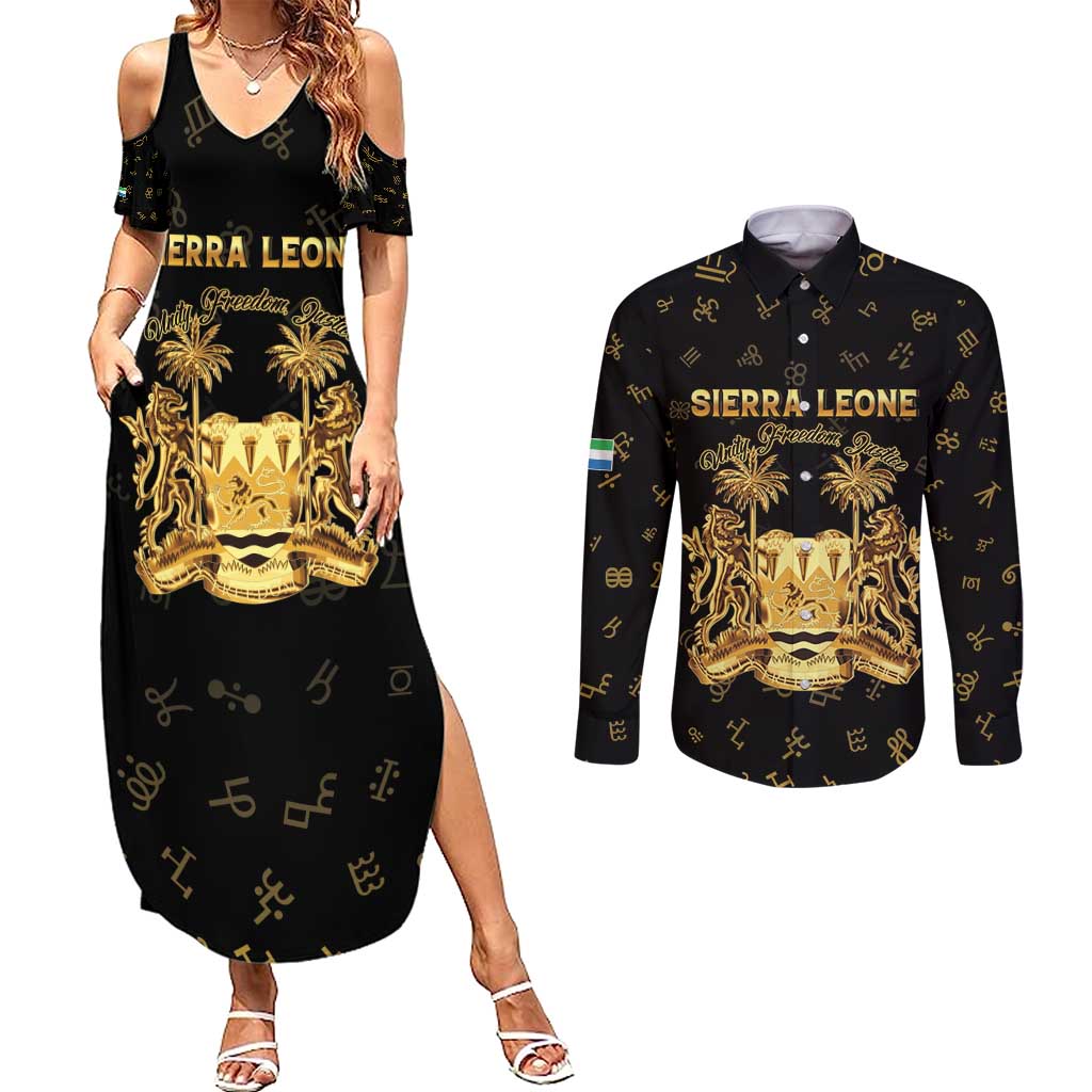Personalized Sierra Leone Vai Syllabary Heritage Couples Matching Summer Maxi Dress and Long Sleeve Button Shirt National Emblem Golden Style - Wonder Print Shop