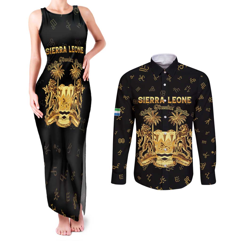 Personalized Sierra Leone Vai Syllabary Heritage Couples Matching Tank Maxi Dress and Long Sleeve Button Shirt National Emblem Golden Style - Wonder Print Shop