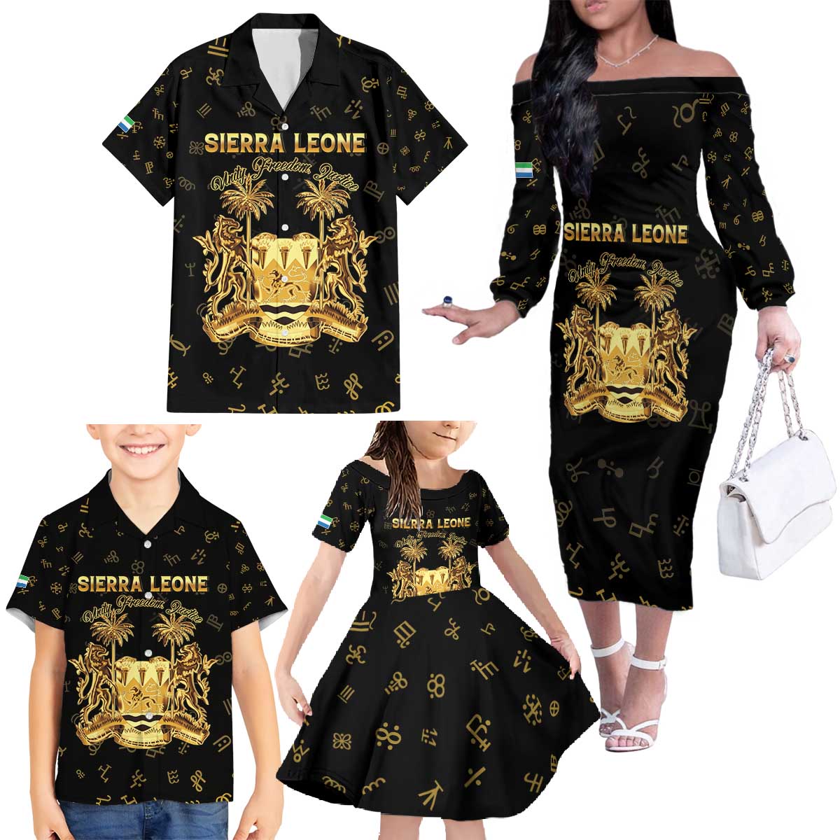 Personalized Sierra Leone Vai Syllabary Heritage Family Matching Off The Shoulder Long Sleeve Dress and Hawaiian Shirt National Emblem Golden Style - Wonder Print Shop