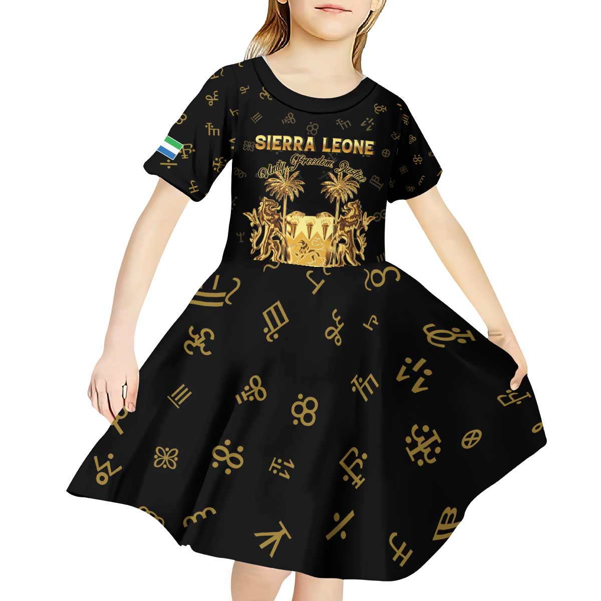 Personalized Sierra Leone Vai Syllabary Heritage Kid Short Sleeve Dress National Emblem Golden Style - Wonder Print Shop