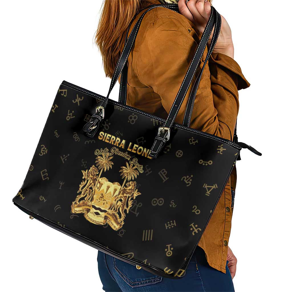Sierra Leone Vai Syllabary Heritage Leather Tote Bag National Emblem Golden Style - Wonder Print Shop