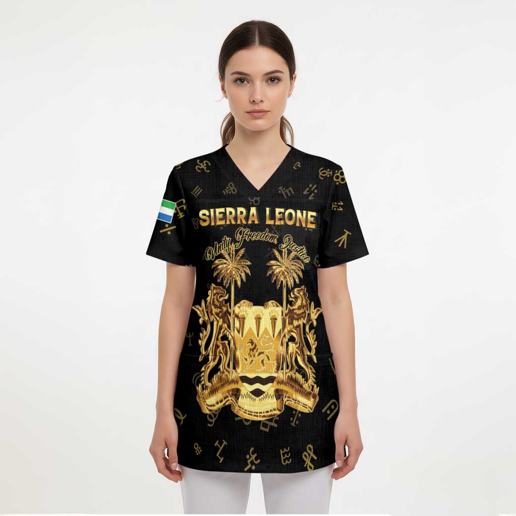 Personalized Sierra Leone Vai Syllabary Heritage Scrub Top National Emblem Golden Style - Wonder Print Shop