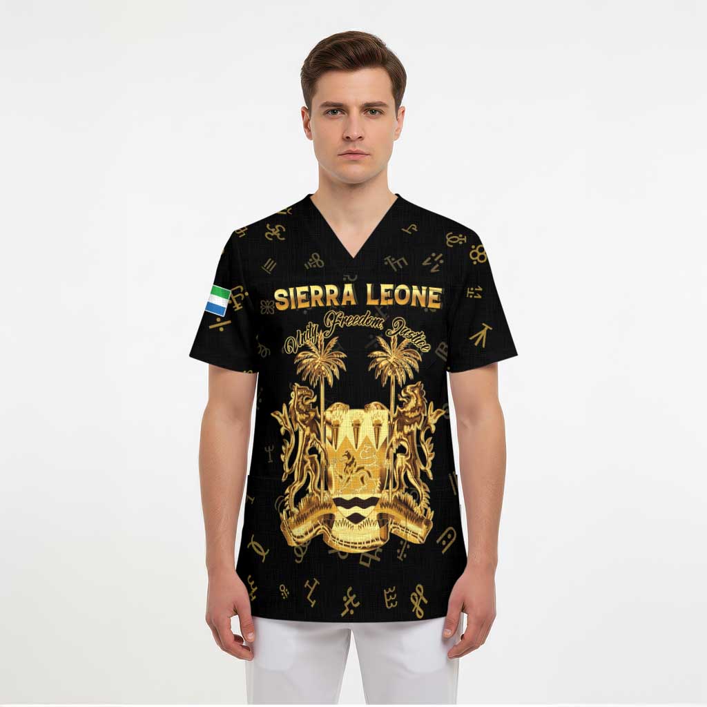 Personalized Sierra Leone Vai Syllabary Heritage Scrub Top National Emblem Golden Style - Wonder Print Shop