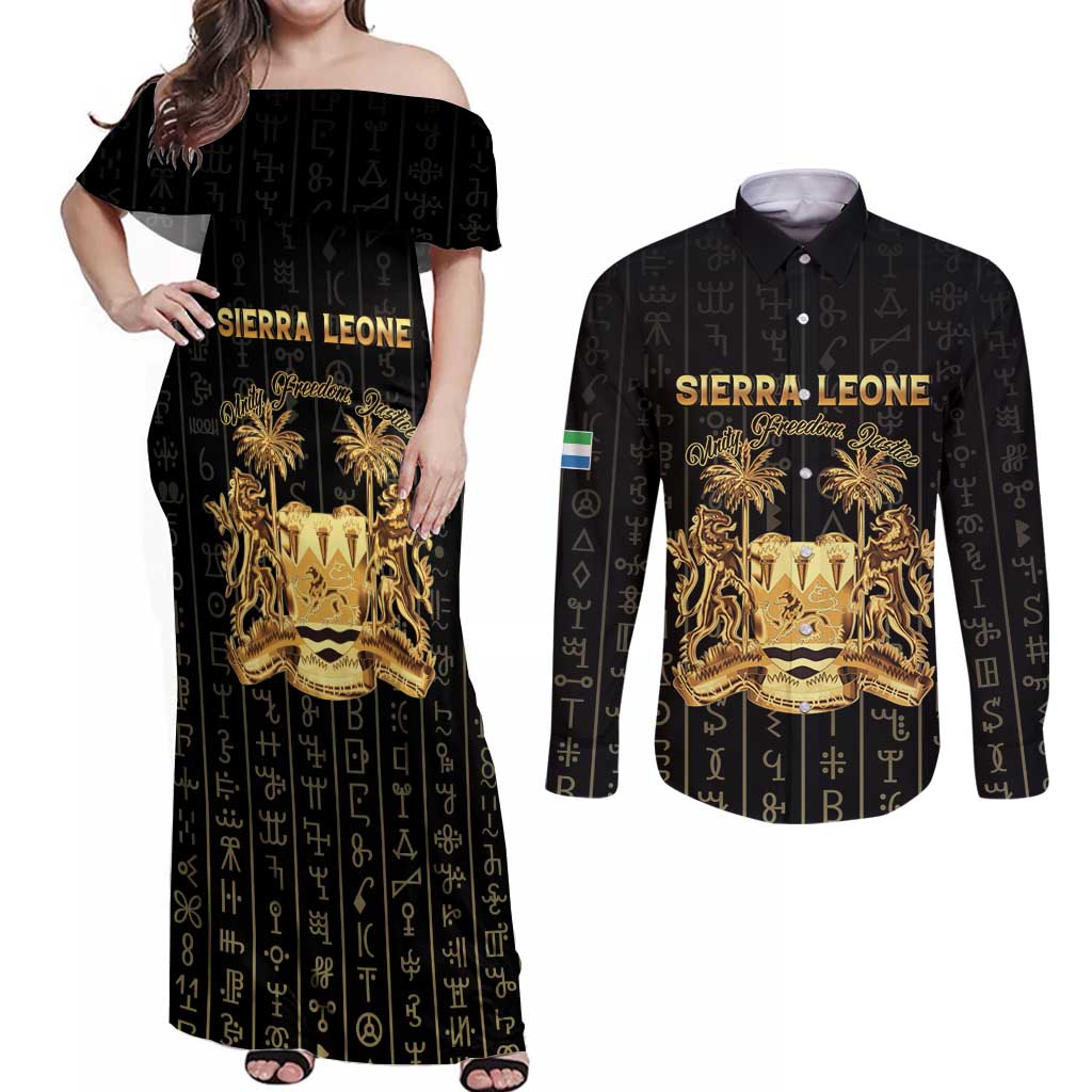 Personalized Sierra Leone Vai Syllabary Vertical Pattern Couples Matching Off Shoulder Maxi Dress and Long Sleeve Button Shirt - Wonder Print Shop