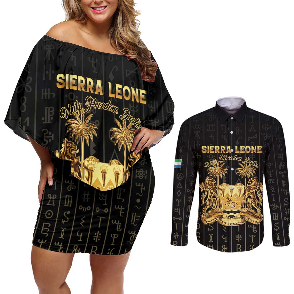 Personalized Sierra Leone Vai Syllabary Vertical Pattern Couples Matching Off Shoulder Short Dress and Long Sleeve Button Shirt - Wonder Print Shop